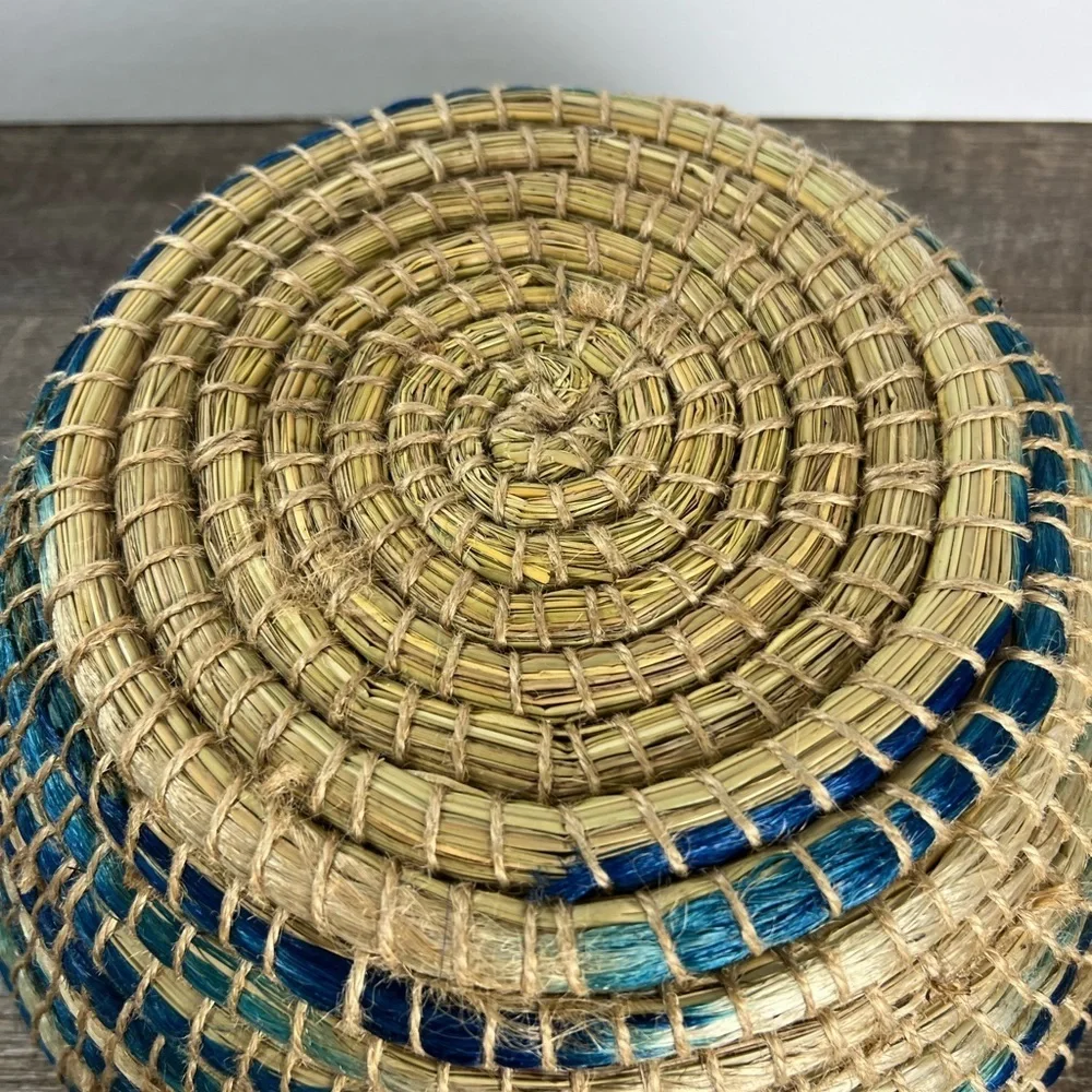 Woven baskets big 12” decor storage Boho coastal home set of two‎ blue